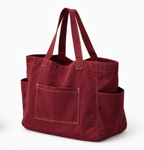 Sac fourre-tout en toile rouge grande taille pour le shopping, avec poche avant et poches latérales, poignée longue, usage quotidien, vente en gros - Product Image 3