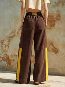 ONETEN Women's Brown Color Block Wide Leg Drawstring Pants <b>Elastic</b> <b>Waist</b> Side Stripe Casual <b>Trousers</b> - Product Image 4