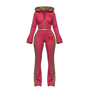 Women's <b>Red</b> Leopard Trim Tracksuit Set Custom Logo Hooded <b>Crop</b> <b>Top</b> Full Length Pants Casual Autumn Wear - Product Image 5