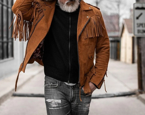 Men Genuine Cowhide Leather Western Cowboy <b>Jacket</b> Fringe Tassel Leather Coat Vintage <b>Biker</b> <b>Jacket</b> - Product Image 1