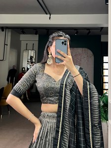 Conjunto de lehenga, blusa y dupatta de seda Tusser, ropa tradicional estampada, lista para usar. - Product Image 5