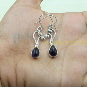 Boucles d'oreilles pendantes en argent sterling 925 avec pierres d'améthyste violette naturelle, bijoux cadeau pour femme - Product Image 4