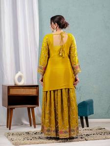 Traje de diseñador étnico paquistaní indio moderno de alta calidad tela Georgette de imitación pesada Sharara Palazzo Dupatta ocasiones especiales - Product Image 5