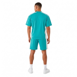 Ensemble de t-shirts sportifs turquoise pour hommes avec rayures blanches, col rond, séchage rapide, shorts tricotés, vêtements décontractés d'été - Product Image 2