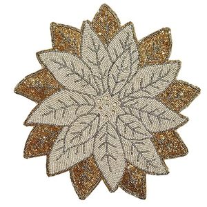 Embroidered Floral <b>Table</b> <b>Runner</b> Beaded <b>Gold</b> White Leaf Pattern Classic Home Decor Washable - Product Image 1