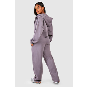OEM Custom Women Three Piece Set Zip Hoodie Crop Top and Wide Leg <b>Pants</b> Heavy Fleece <b>Lounge</b> Wear Wholesale - Product Image 2