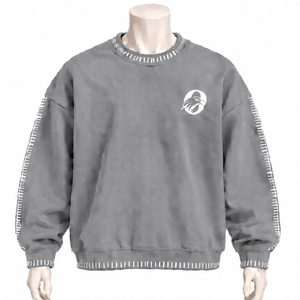 Sudadera de cuello redondo para hombre, gris, con borde cosido, efecto desgastado, corte holgado, manga larga, estilo casual urbano, top de moda para el día a día - Product Image 1