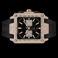Montre carrée en or rose et diamants, bracelet noir, chronographe de luxe, montre de style premium, accessoire de poignet élégant