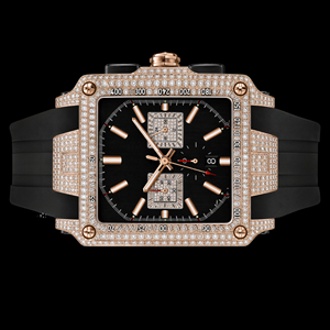Reloj Cuadrado de Oro Rosa con Diamantes, Correa Negra, Estilo Cronógrafo de Lujo, Accesorio de Muñeca Premium - Product Image 1