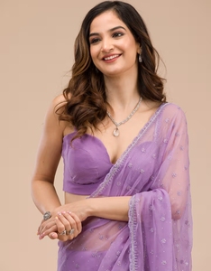 Sari en mousseline KV pour homme avec broderies, chemisier non cousu, infroissable et réversible pour mariage d'automne - Product Image 2