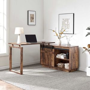 Scrivania a L in Legno Effetto Invecchiato per Ufficio Domestico con Credenza Reversibile con Ante Scorrevoli e Postazione Computer con Finitura Posteriore - Product Image 1
