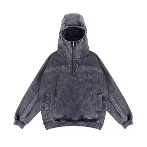 High Street Contrast Color Style Men's Outdoor Ninja Full Face Masked Zip Balaclava Hoodie with Custom Double Hat Design - Product Image 6