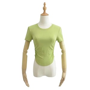 Camiseta Corta de Manga Corta con Cuello Redondo para Mujer, Ajustada, de Color Sólido, Tejida, Informal, Verde - Product Image 1