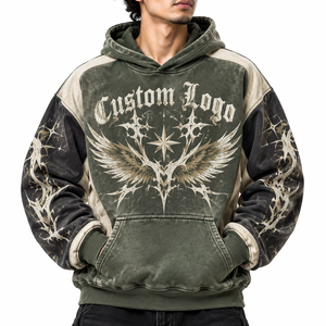 Sudadera con Capucha Regular con Estampado de Alas Góticas, Estilo Y2K Grunge, Lavado Ácido, Negro Oliva, Diseño Personalizado en las Mangas, Corte Crop, Holgada, Streetwear - Product Image 1