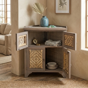New Modern <b>Minimalist</b> Minang Wooden Storage Cabinet Natural Rattan Webbing Corner Cupboard Doors Storage Nightstand - Product Image 2