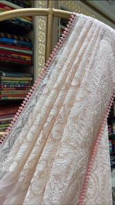 Sari de Lujo de Organza de Seda Kora con Bordado Pesado Chikankari Hecho a Mano Estilo Lucknowi para Fiesta Nupcial India y Boda - Product Image 5