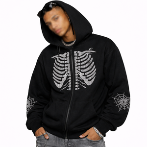 Sweat-shirts à capuche en molleton de coton noir avec fermeture éclair intégrale et motif squelette en strass pour hommes, service de fabrication sur mesure - Product Image 1