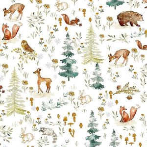 Papier peint autocollant décoratif pour murs, motif d'animaux mignons (hiboux, cerfs, lapins) sur des arbres dans une forêt féerique blanche - Product Image 1