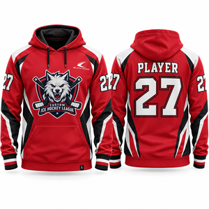 Sweat à capuche de hockey sur glace personnalisé Blackthorn, rouge, blanc, noir, joueur n°27, impression sublimée, évacuation de l'humidité, pour homme - Product Image 1