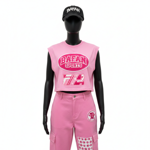 ชุดเซ็ตเสื้อครอปแขนกุดผ้าคอตตอนโพลีเอสเตอร์เทอร์รี่สีชมพูพร้อมกางเกงเลกกิ้งลายพิมพ์โลโก้ที่กระเป๋าแบบคาร์โก้สำหรับผู้หญิง - Product Image 1