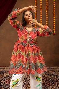 Women Navratri Special Printed Faux Georgette Denim & Gota Lace Kediya Cotton Embroidery Work Real Mirror Work Party All Seasons - Product Image 2