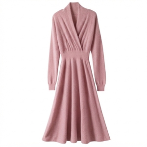 Elegante Vestido de Suéter de Cachemira para Mujer, Cuello en V, Manga Larga, Corte en A, Midi, Tejido de Punto, Color Sólido, Moda Otoñal - Product Image 5