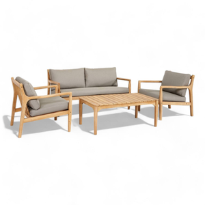 Solid Wood Garden Sofa Set with Teak Timber Frame Quick Dry Foam <b>Cushions</b> <b>Rectangular</b> Coffee Table and Lounge Chairs - Product Image 1