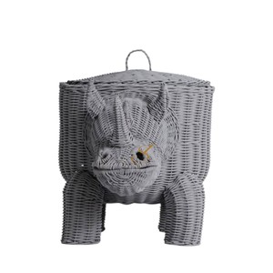 Rhino Rattan Storage <b>Basket</b> <b>with</b> <b>Lid</b> Grey Woven Animal Shaped Toy Organizer Bin Cute Rhinoceros Nursery Hamper - Product Image 2
