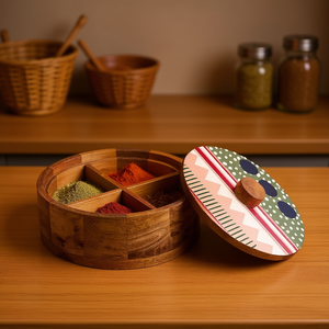 Boîte à chapati en bois artisanale avec organisateur d'épices Masala, rangement de cuisine traditionnel, vaisselle de service, boîtes de rangement décoratives - Product Image 3