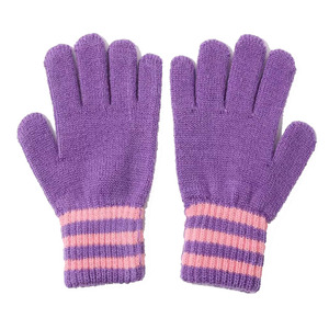 Purple Striped Full <b>Finger</b> <b>Gloves</b> With Pink Trim Warmth Winter Daily Use Acrylic Cotton Material Wrist Length - Product Image 1