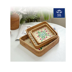ENTREGA INMEDIATA Bandeja de Ratán Ecológica, Segura y Limpia, con Incrustaciones de Concha Natural, Ideal para Servir Café y Organizar el Escritorio, Venta al Por Mayor - Product Image 1