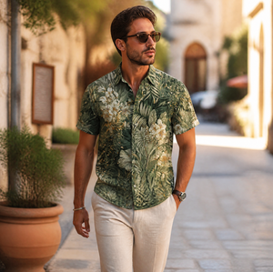 Chemise pour homme anti-rides respirante extensible à imprimé floral 3D, manches courtes, décontractée, boutonnée, style bohème vintage d'été - Product Image 4