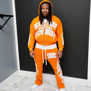 Men's Blue Hooded Tracksuit <b>Set</b> Full Zipper Streetwear Sweatshirt And Sweatpants With White Letter Print Plus Size Loose Fit - Product Image 6