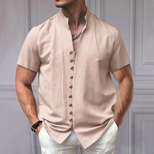 Casual Men's Camisa Hombre Button Down Solid Color Stand-Up Collar Short Sleeve <b>Summer</b> <b>Shirt</b> Male - Product Image 3