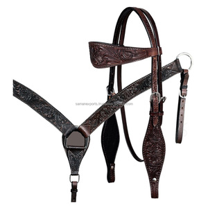 Ensemble de serre-tête et collier de poitrine en cuir véritable occidental abordable avec sculpture à la main et fournisseur de quincaillerie en acier inoxydable - Product Image 2