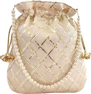 Sac à cordon matelassé doré avec perles et pompons, fait main, cadeau de mode pour les faveurs de mariage, la fête nuptiale et de qualité supérieure - Product Image 6