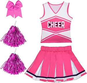 Ensemble uniforme de cheerleading pour filles, haut sans manches à col en V, jupe plissée, nœud, pompon, costume de fête d'Halloween, 100% polyester - Product Image 1