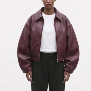 Women’s Oversized <b>Burgundy</b> <b>Leather</b> <b>Jacket</b>, Modern Minimalist Bomber <b>Jacket</b> - Product Image 2