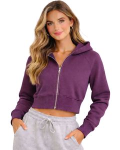 Sudadera con capucha corta para mujer, color morado ciruela, de algodón y forro polar, corte ajustado, estilo casual, ligera, para uso diario. - Product Image 1