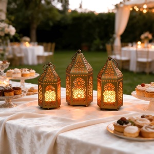 Striking <b>Gold</b> Moroccan <b>Lantern</b> with Crescent Moon Top Intricate Metal Cutwork Candle Holder for Ramadan Home Decor - Product Image 4