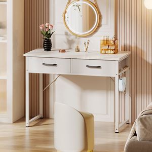 32 Inch Wooden Writing <b>Desk</b> with 2 Fabric Drawers Modern Study Table for <b>Small</b> <b>Spaces</b> Home Office Computer <b>Desk</b> - Product Image 2