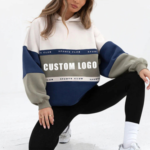Sweat-shirt à capuche oversize pour femme, imprimé color block, en coton tricoté, épaules tombantes, vêtement décontracté d'automne - Product Image 3