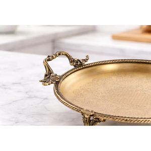 Plateaux de service en métal, plateau rond en acier inoxydable poli brillant avec support doré, idéal pour la maison et les hôtels. - Product Image 5