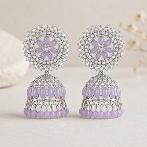Boucles d'oreilles Jhumka indiennes en cristal lilas pastel, plaquées argent, avec diamants américains, motif floral, pendantes, pour femmes, vente en gros - Product Image 6
