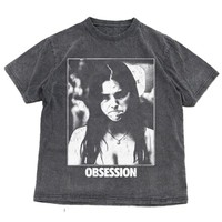 T-shirt en coton surdimensionné à imprimé graphique « Obsession Text », col rond, coupe ample, unisexe, décontracté, séchage rapide, respirant, style streetwear