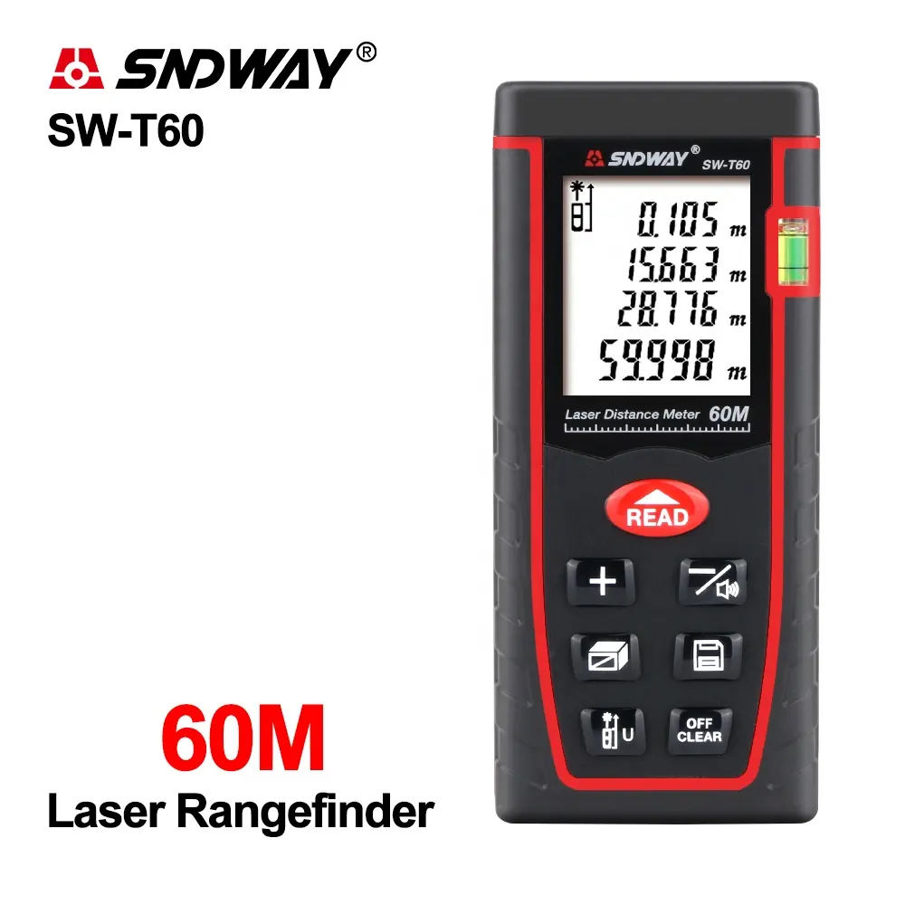 SNDWAY Digital Laser Distance Meter Rangefinder 60M SW-T60 Range Finder with Large LCD Display and Bubble Level