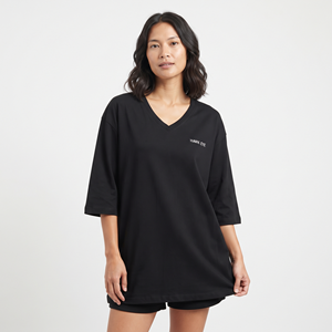 Breathable Women's Oversized Cotton V Neck Long Sleeve Solid Black Color Shirt <b>Drop</b> Shoulder Casual Solid Color Custom Logo - Product Image 1