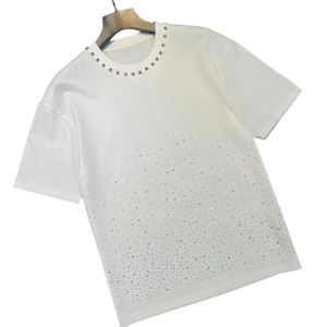 Camiseta blanca para hombre con pedrería, brillante, con diamantes incrustados, manga corta, estilo urbano, de alta calidad, para fiestas y moda, transpirable. - Product Image 4