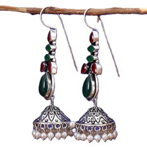 Trusted Supplier Bohemian Ethnic Water <b>Drop</b> Dangle Jhumka <b>Earrings</b> Bezel Setting Brass Antique Silver-Plated Jade <b>Red</b> Stones - Product Image 2
