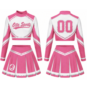 Pink <b>White</b> Sublimated Cheer <b>Long</b> Sleeve Uniform Set Pleated <b>Skirt</b> Team Athletic Sportswear Training Practice Performance - Product Image 1